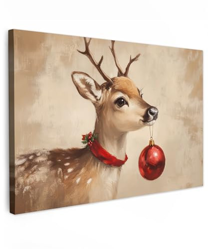 MuchoWow© Weihnachtsdeko Leinwand Bilder Groß 120x80 cm XXL Wanddeko Wohnzimmer Weihnachtsgeschenke Deko Zimmer Wandbilder Modern Bild auf Leinwand Geschenk Weihnachten - Hirsch - Geweih - Rentier - B