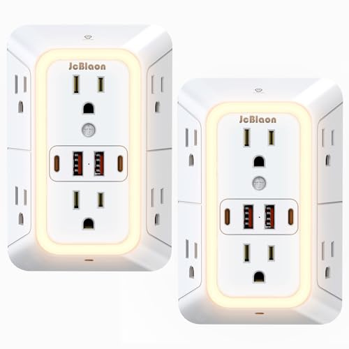 Output Extender mit Nachtlicht, Mehrfachsteckdose Überspannungsschutz, 6 Ausgänge Splitter mit 4 USB-Ausgängen (2 USB A, 2 USB C) 3-seitiger Wandadapter für Zuhause, Reisen und