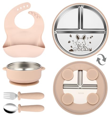 OXYEFEI Edelstahl Teller Baby, Kindergeschirr Set mit Tiermotiven | Baby Teller mit Saugnapf Geburtstagsgeschenke für Babys, Taufgeschenke (Beige, Kaninchen)