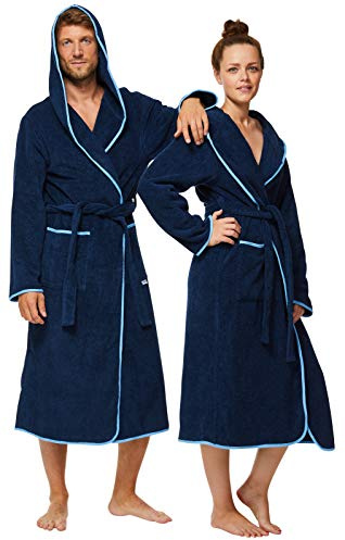 Sowel® Bademantel Damen und Herren, 100% Bio-Baumwolle, Extra Lang mit Kapuze, Morgenmantel, Flauschig, Frottee, XL, Navy/Blau