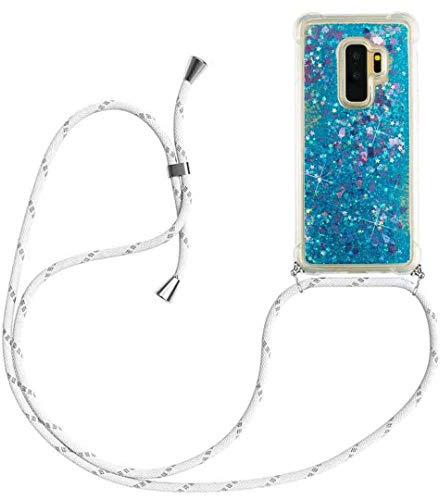 HongMan Handykette für Samsung Galaxy S9+/S9 Plus Glitzer Flüssig Bewegende Treibsand Handyhülle+Case mit Umhängeband Handykordel mit Schutzhülle Hülle mit Band Kette Hülle(Blau)