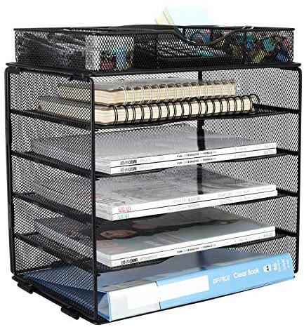 EasyPAG 5 Tier Metal Mesh A4 Desk Tray,File Holder,Paper Organiser,Magazine Storage,Filing Rack for Office & Home Desktop Tidy with Drawer,Black