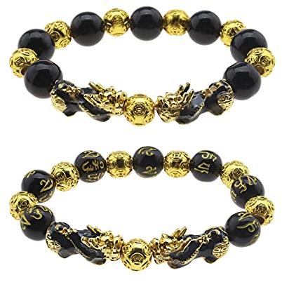 eMagTech 2 Stück Pi Xiu Armbänder Herren Damen Unisex Traditionell Feng Shui Schmuck Schwarz Gelb 12mm Korn 17,5 cm Umfang Glücksbringer