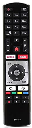 REMOtech Replacement Remote RC4318 / RC4318P 30100823 für Finlux Telefunken Edenwood Vestel 4K Ultra HD Fernseher mit Netflix YouTube Tasten