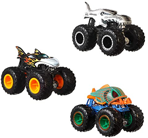 Hot Wheels HGX13 - Monster Trucks Creatures 3er-Packung von Spielzeug-Monster-Trucks im Maßstab 1:64, Shark Wreak, Piran-ahh & Mega Wrex, Spielzeug für Kinder ab 3 Jahren