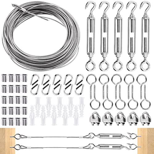Cimeton 51Pcs Turnbuckle Wire Tensioner Strainer Kit with 98ft 304 Stainless Steel Wire Cable Rope and Turnbuckle Kit, Wire Rope Clip Thimbles Crimping Loop Sleeves for Outdoor Cable Use