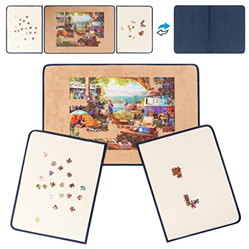 Tektalk Tragbares Puzzle-Brett mit Staubschutz - Rutschfeste Oberfläche für Puzzle-Aufbewahrung und Transport - Bis zu 1000 Teile (Blau/Khaki mit Zwei Einlegeböden)