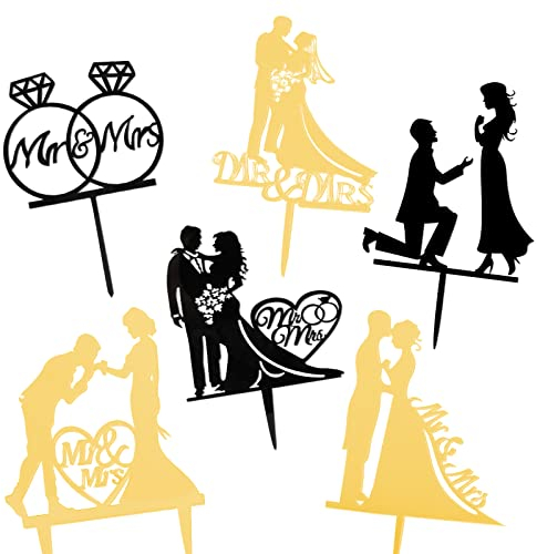 6Pcs Mr & Mrs Cake Toppers - Acrylic Cupcake Decorations Bride and Groom Wedding Silhouette with Diamond Ring and Flowers for Engagement, Valentine, Anniversaries, Hen Party