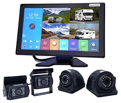 4K AHD 1080P Vehicle Reversing Camera DVR Monitor Kit,4 x Front Side Rear View Parking Backup Wired Camera System+10.1 inch 4-Split Touch Screen MP5 Motorhome Bus Truck Trailer