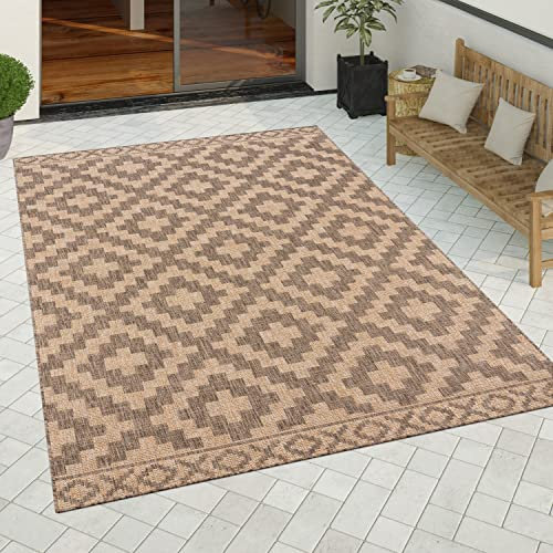 Paco Home Outdoor Teppich wetterfest modernes Boho Skandi Rauten-Muster Robustes Flachgewebe in Sisaloptik pflegeleicht ideal für Balkon, Terrasse & Küche, Grösse:80x250 cm, Farbe:Beige