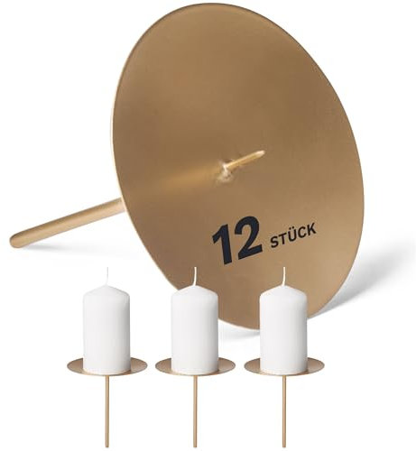 Novaliv 12er-Set Kerzenhalter mit Dorn 10cm Gold Weihnachtskranz Kerzenteller zum Stecken rund Kerzenpin Kerzenhalter für Kränze Kerzentülle Adventskerzenhalter Metall Kerzenständer Kerzenpin