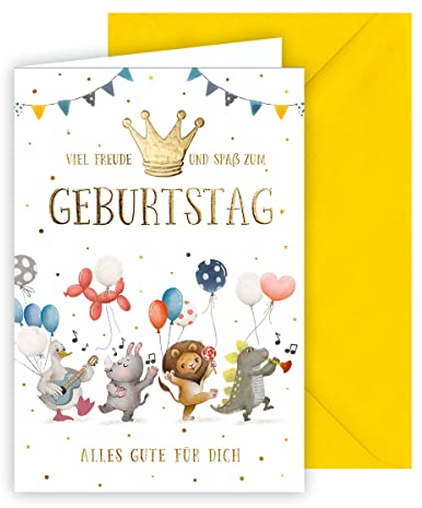 KE - Edle und Tierische Geburtstagskarte für Kinder, DIN B6 Klappkarte inkl. Umschlag, Hochwertige Karte zum Geburtstag mit Goldprägung, Motiv: Löwe, Nashorn