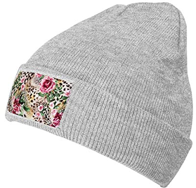 Animal Tiger Leopard Print Rose Flower Damen Herren Winter Strickmütze Beanie Mütze, weich und warm, klobige Beanie-Mütze, für kaltes Wetter, Grau, EinheitsgröÃŸe