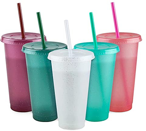 letech+ Becher Tasse Trinkbecher mit Strohhalm und Deckel - Farbwechsel Becher Mehrweg Plastikbecher Kinder Tasse Cup Travel Mug Tumbler Eiskaffee Kaltes Trinken Smoothie Saft - 5er Pack