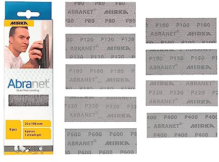 Mirka Abranet net sandpaper strips 70 x 198 mm Hook & loop/Mix-pack 1 of each grit 80, 100, 120, 150, 180, 220, 320, 400, 600/9 pcs/for sanding wood, walls, metal, filler, varnish, plastic