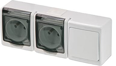 Enchufe de 2 enchufes con interruptor individual, cristal ahumado, IP44, 16 A/250 V, Schuko para entornos húmedos, color blanco