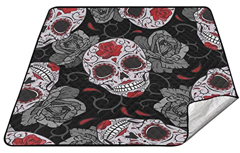 Sanddichte Campingdecke Rasendecke mit Stauraum für Picknick Gothic Totenkopf Rosen