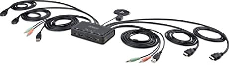 StarTech.com 2-Port Dual-Monitor HDMI Cable KVM Switch, 4K 60Hz, Compact KVM with 5ft/1.5m USB-A/HDMI/Audio Integrated Cables, Bus Powered, Remote/Hotkey Switching (C2-DH46-UA2-CBL-KVM)