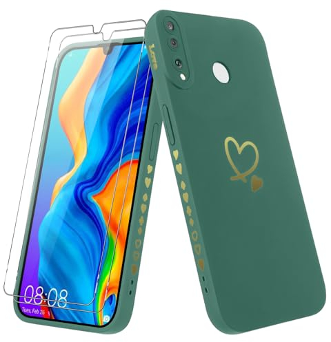 Vauki Coque pour Huawei P30 Lite/Nova 4e avec 2 Pièces Verre Trempé, Etui Fille avec Or Motif Coeur Souple TPU Silicone Antichoc Anti-Rayures Housse Compatible avec Huawei P30 Lite, Vert