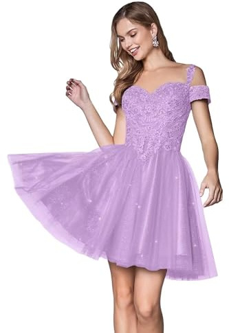 HYEC7 Tulle Short Homecoming Dresses Lace Appliques Prom Dress A Line Sleeveless Formal Evening Dresses Lilac