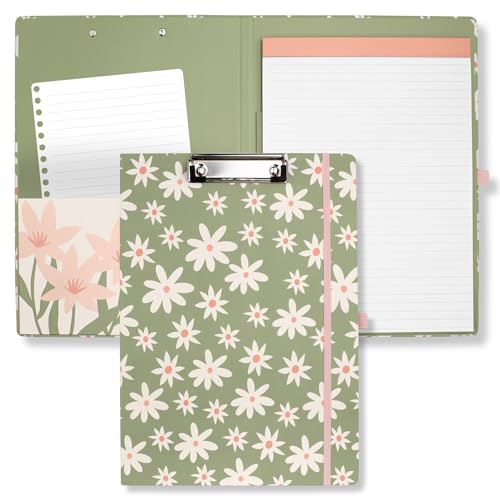 Steel Mill & Co Joli porte-bloc avec bloc-notes ligné rechargeable et pochette de rangement intérieure, pour le travail, motif floral vert marguerites