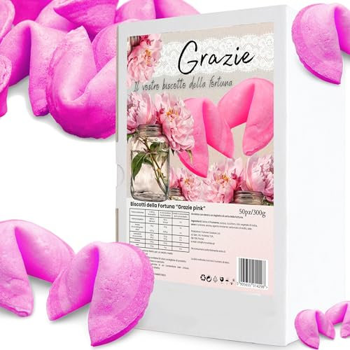 Biscotti della Fortuna Cinesi, Biglietti Profetici, biscotti rosa, Biscotti portafortuna Grazie,come regalo, per gli ospiti, per una festa, Sapore Vaniglia (50 pezzi)