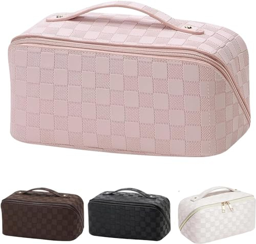 Make Up Tasche, Make Up Bag, Cosmetic Bag, Kosmetiktasche Reise, Kosmetiktasche, Schminktasche, Schminktasche Damen, Reise Kosmetiktasche Groß Kapazität, für Reisen (Rosa-Weiß)