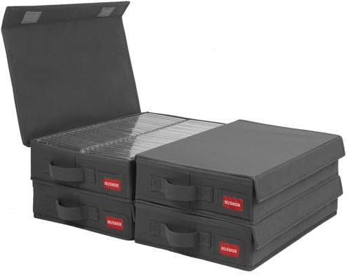 NUSWOR Stapelbare Klebeband-Aufbewahrungsboxen – Staubdichte Regale mit Deckel – Audio-Kassettenhalter 4 Stück – für 192 Hüllen – 41 x 23 x 8,6 cm, Grau
