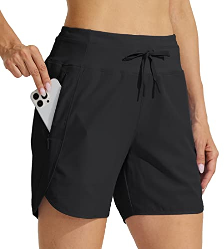WILLIT Damen Shorts Sporthose Kurz Laufhose Sommer Laufshorts Wanderhose Schnelltrockene High Waisted Fitness Sport Running Reißverschlusstasche 5 Schwarz M