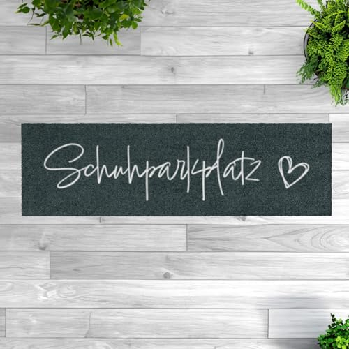 MOCAVI Mat Fußmatte Schuhparkplatz mit Rand 30x100 cm waschbar beige Hej Scandi Schuh-Teppich lang, schmal, Schuhe ausziehen, Deko sbereich innen, außen, Matte, Haustür, Stiefelmatte