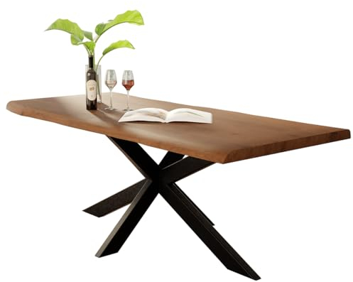 Liadomo Esstisch 220x100 Diala Nuss, Baumkantentisch, Baumkante, Akazie Massivholz Tisch, 35 mm Tischplatte lackiert, Robust & Pflegeleicht, Unikat, Spider-Gestell Metall schwarz