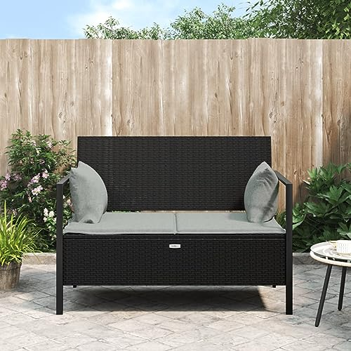 Rantry Gartenbank 2-Sitzer mit Kissen Truhenbank mit Stauraum Sitzbank Parkbank Gartenbank Truhenbank Gartensofa Terrassenbank Möbel Garten Balkonmöbel Schwarz Poly Rattan