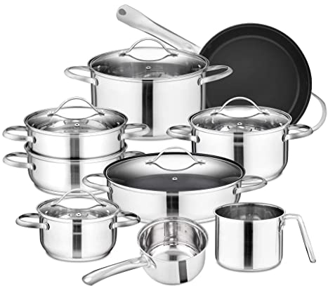 CRBUDY Cooking Pot, Frying Pan,Cookware Set Stainless Steel 14-Piece Pan Set Saucepan Non Stick Fry Pan with Glass Lid Vision