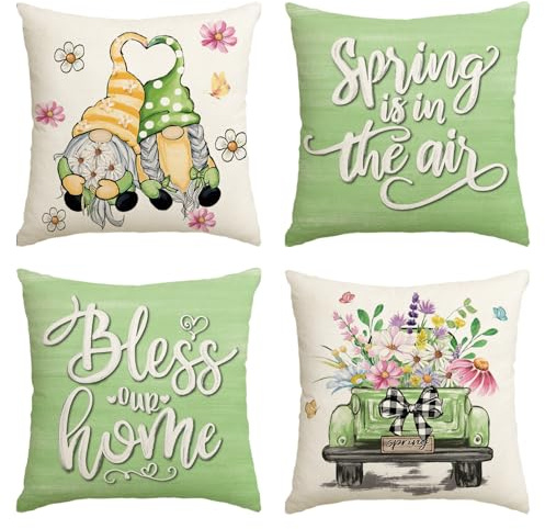 Artoid Mode GNOME LKW Blumen Blätter Frühling Kissenbezüge 4er Set, 45x45 cm Sommer Lastwagen Saisonnal Zierkissenbezug Cushion Cover Deko