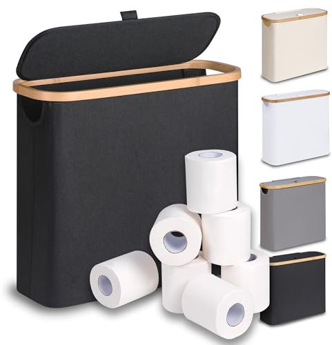 efluky 28 L Boite Rangement Papier Toilette avec Couvercle, Bambou Panier à Papier Hygiénique Boite Rangement Salle de Bain, Corbeille Porte-Papier Toilette pour 9 à 12 Rouleaux, Noir