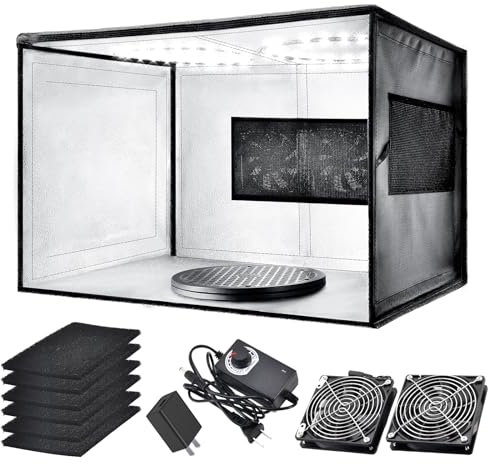 Airbrush Spray Booth with Dual Exhaust Fans,Portable Airbrush Paint Booth for Airbrushing,2 Round Led Lights with 360° Coverage,Turntable and Extension Hose,Hobby Spray Booth Kit for Painting Model