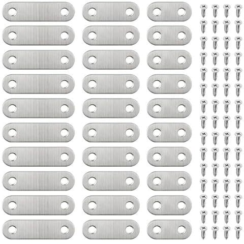 Marine Aurora 30 Sets 36mm/1.42inch Stainless Steel Flat Straight Brace Brackets Mending Joining Plates Repair Fixing Bracket Connector and 60pcs Self Tapping Screws Set