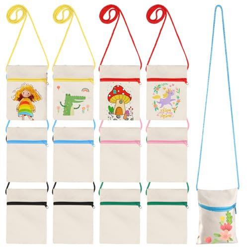 GOMETY 12 Stück Segeltuch Tasche, Stoffbeutel zum Bemalen, Kinder Umhängegeldbeutel, Taschen zum Bemalen für Kinder Baumwolltasche, DIY Kleine Schultertaschen Beutel zum Bemalen(17 * 13cm)
