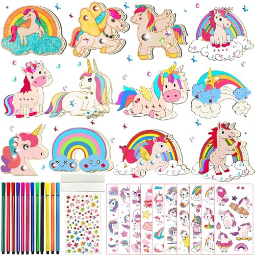 FZYESNO Einhorn Bastelset, DIY Kreativset mit 12 Modellen, 179 Einhorn Geburtstagsdeko, Kindergeburtstag Basteln, Holzbastelsets für Kinder, Holz Basteln ab 3 Jahren (A)