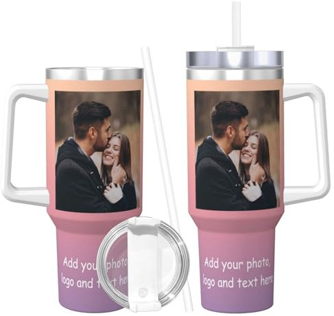 Naispanda Taza térmica Personalizado con Pajita y Asa, Termo de Acero Inoxidable, Taza de café con Tapa, Taza de Viaje, 1,2 litros, Regalos Personalizados para Mujeres, Hombres y Familias