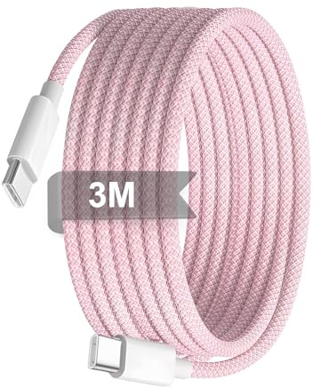 60W Type C Fast Charging for iPhone 16 15 3M Wire Lead Long Pink Durability