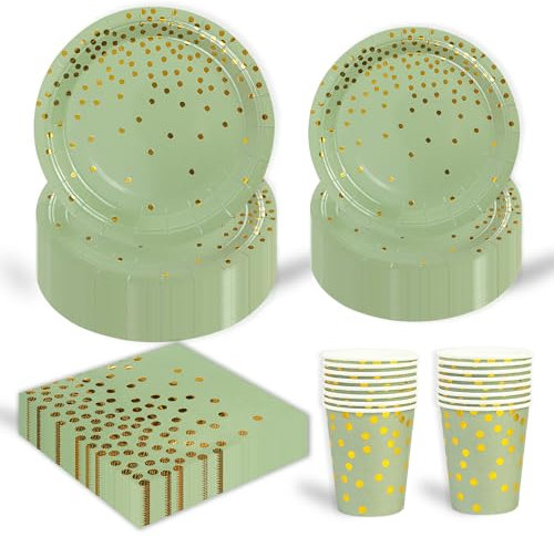 96 Stück Geburtstag Party Geschirr Set,Salbeigrün Gold Geburtstag Party Geschirr Becher Serviette Pappteller Set,für Mädchen Kinder Tischdekoration-24 Gäste