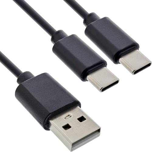 InLine Câble de charge en Y 2 en 1, USB-A vers 2 ports USB-C, jusqu'à 25 W de puissance de charge, double câble de charge compact pour gadgets, pas de charge rapide, 2 m, 35122