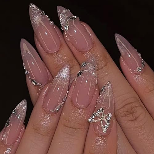 Ceboic 24 Stück Press on Nails Mittel Almond, Nude Rosa Künstliche Nägel Glitzer Katzenaugen Französische Fingernägel Zum Aufkleben, Glänzend Akrylnägel Schmetterling Falsche Nägel für Frauen
