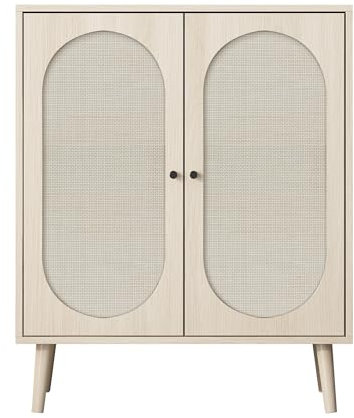 CozyVeils Buffet de cuisine avec portes décoratives en rotin, console avec étagères réglables, convient pour cuisine, salle à manger, salon, couloir (couleur bois)