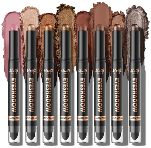 LANGMANNI 8Colors Dual-Ended Cream Eyeshadow Stick Set – Silky Smooth, Waterproof & Transfer-Proof, Built-in Blender Brush, All-Day Matte & Shimmer Wear Eye Makeup(#B)