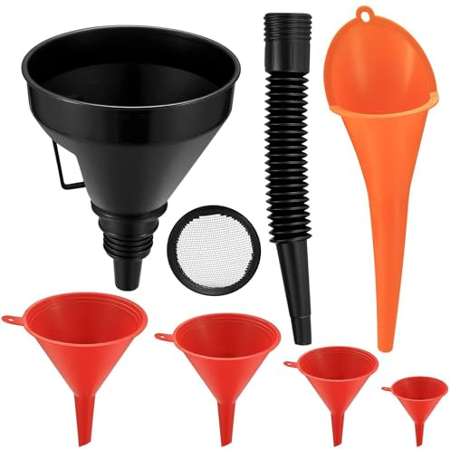 7 Stück Einfülltrichter Set, rechtwinkliges flexibles Kunststoff Trichter Set, Universal Auto Benzin Kraftstoff Trichter mit abnehmbarem Auslauf und langen Trichtern (Rot/Orange/Schwarz)