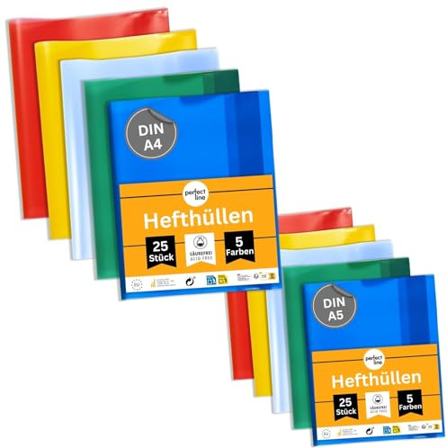 perfect line - 50 Hefthüllen DIN-A4 & A5, 5 Farben - Heftumschlag transparent genarbt - je 25x Heftschoner A4 & A5 aus recyclebarem PP, Dokumentenecht (Set zu je 25 Stk.)