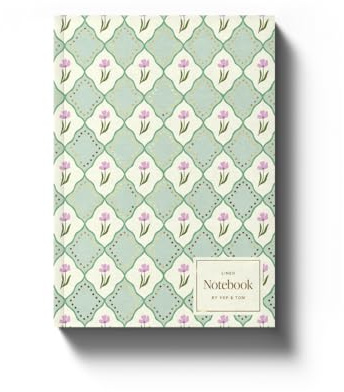 Yop & Tom Luxe Pattern Notebook - A5 lined softcover journal with intricate floral pattern and gold foil details - Green