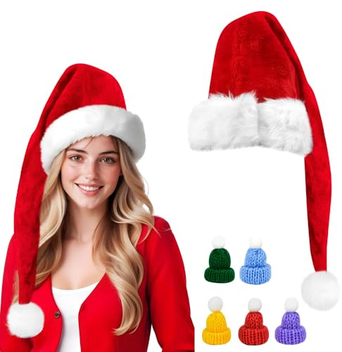 VGECEE Weihnachtsmützen Lang Nikolausmütze Erwachsene Plüsch Weihnachtsmann Nikolaus Mütze Lang mit 10 Stück Mini Weihnachtsmütze Weihnachten Kostüm Lustig Santa Clause Mütze für Herren/Damen (rot)